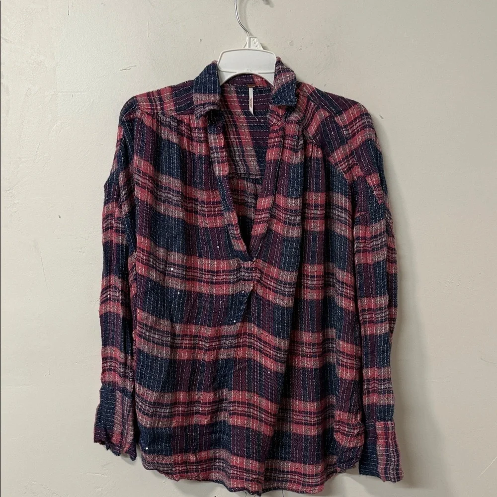 Free People pink and Blue Plaid Blouse